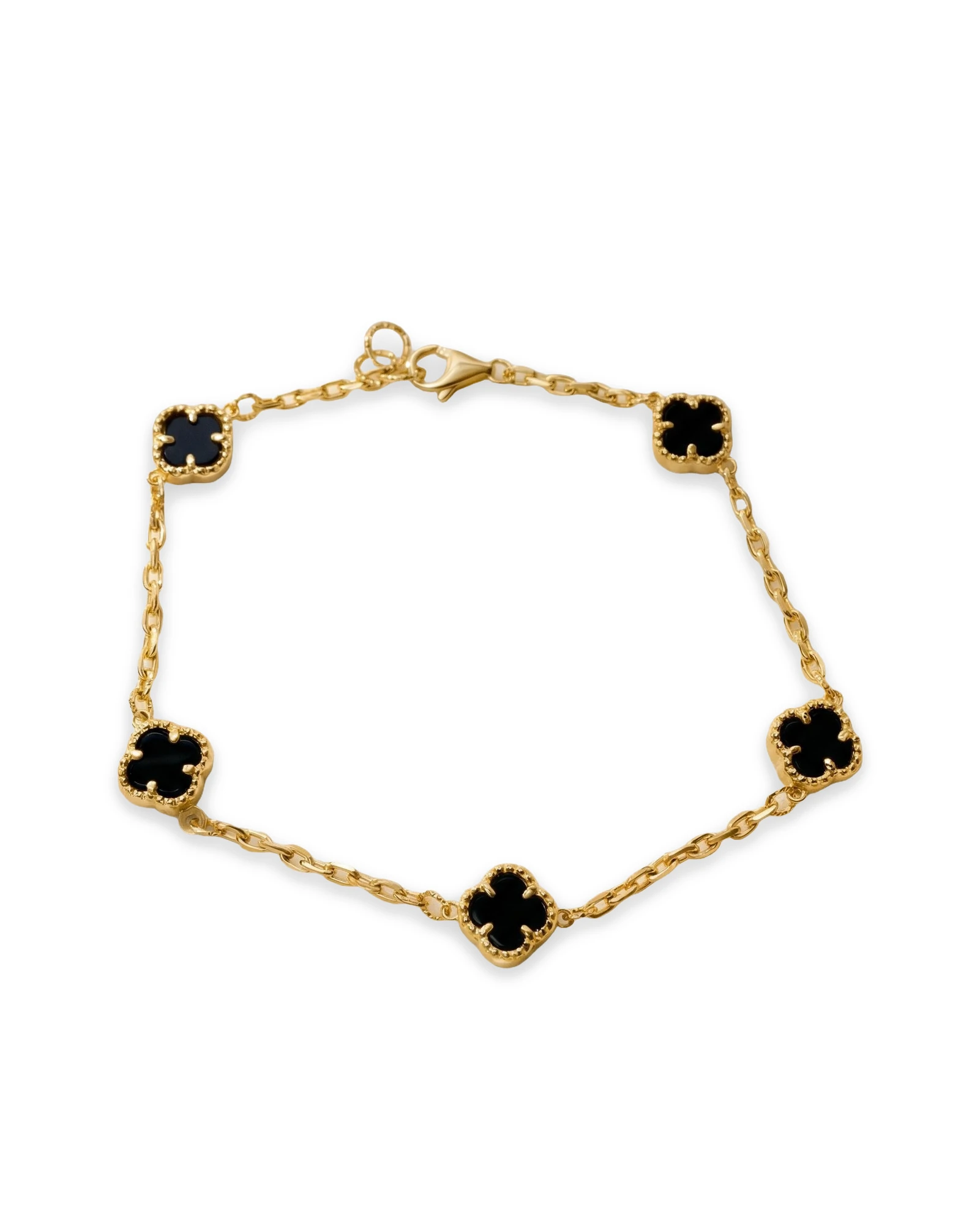 צמיד שרשרת דקה מזהב צהוב עם חמישה תלתנים שחורים קטנים